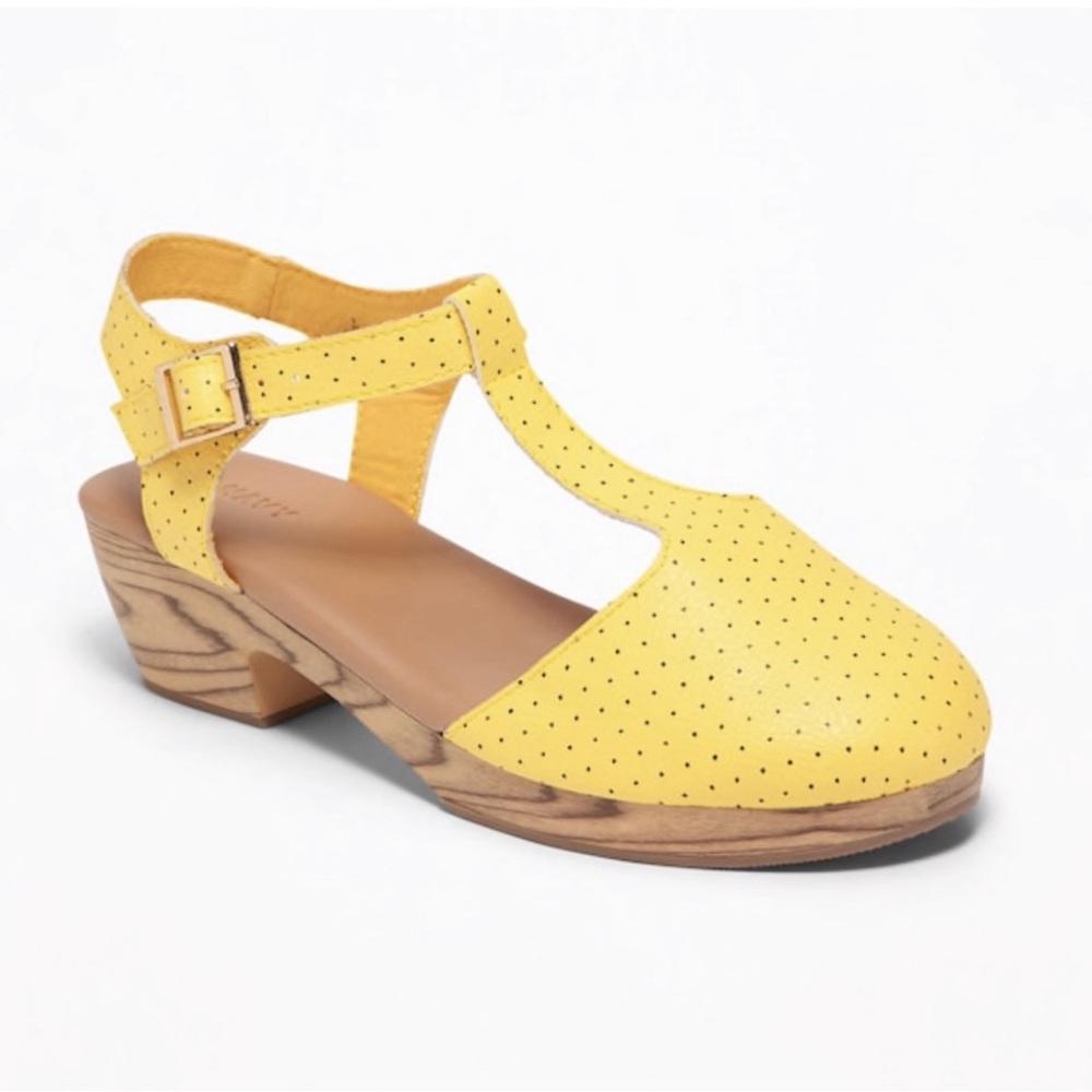 Yellow Perforated T-Strap Clogs, NWT